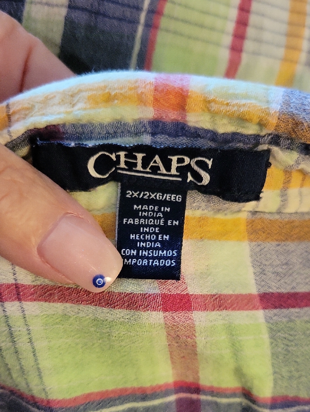 CHAPS Women's Colorful Blue and Green Plaid Cotton Gauze Button-Up Shirt - Picture 6 of 7